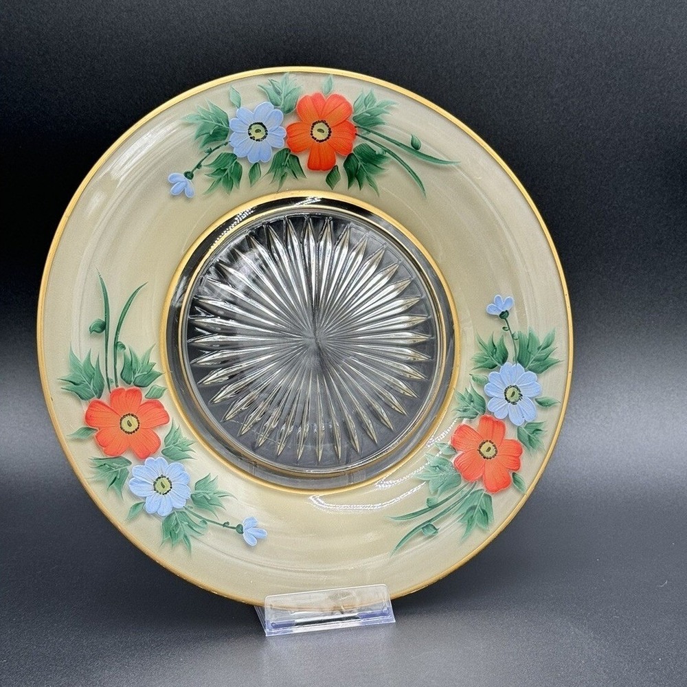 Vintage Hand Painted Floral Glass Plate Gold Trim 10" Display Cottagecore